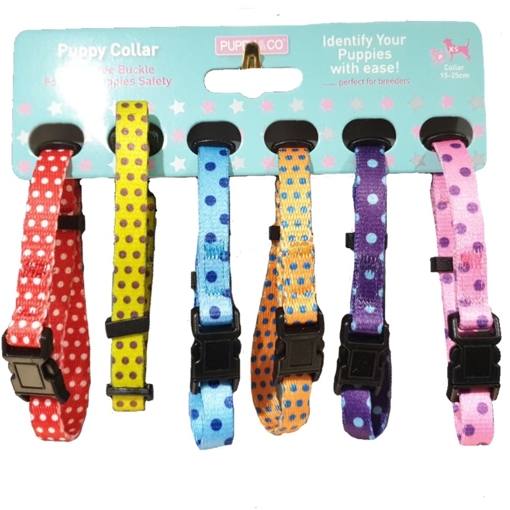 6 Puppy Whelping Collars Spots Design - XS 15-25cm